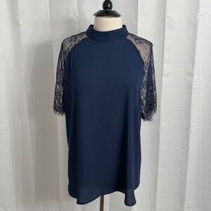 Emery Rose Sheer Lace Short Raglan Sleeve Mocked Collar Blouse